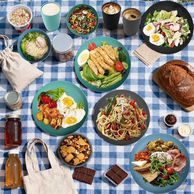 20PCS Plastic Dishes Set for 4, Unbreakable Wheat Straw Plates and Bowl Set | Lightweight Outdoor Dinnerware sets for RV, Camping, BBQ - Calm Tones