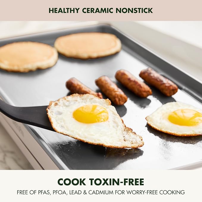 GreenPan Advanced 10.5”x 20” Electric Griddle with Warming Drawer, Healthy Ceramic Nonstick PFAS-Free Coating, Temperature Control, Easy and Versatile Countertop Meals, Dishwasher Safe, Clay