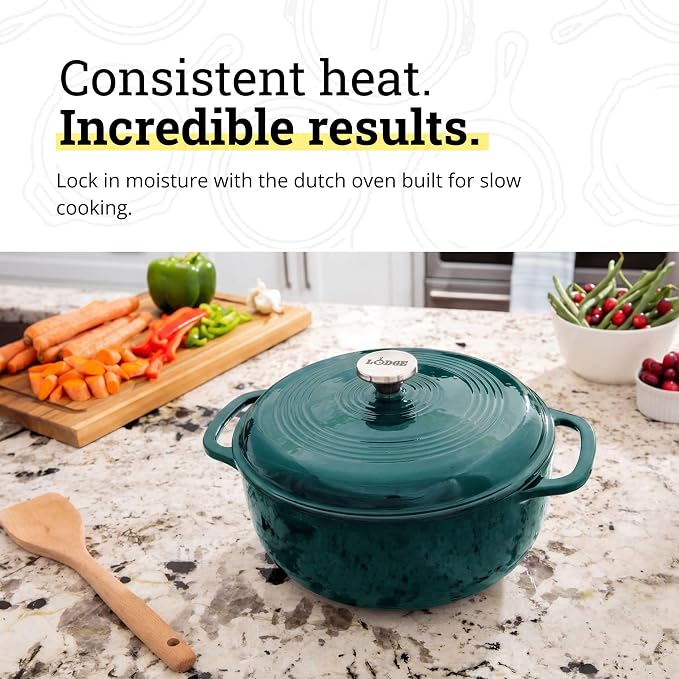Lodge Essential Enamel Cast Iron Dutch Oven 6 Quarts - Perfect for Bread Baking, Braising, Marinating & Slow Cooking, Features Moisture-Sealing Lid & Dual Handles, Kitchen Essentials, Lagoon