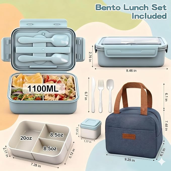 1100ml Bento Box with Bag, Leak Proof with Utensil &Sauce Box Blue | Includes lunch bag, spoon, fork, sauce box,BPA-free & dishwasher safe,For adults.child, school, work, office, travel, picnic