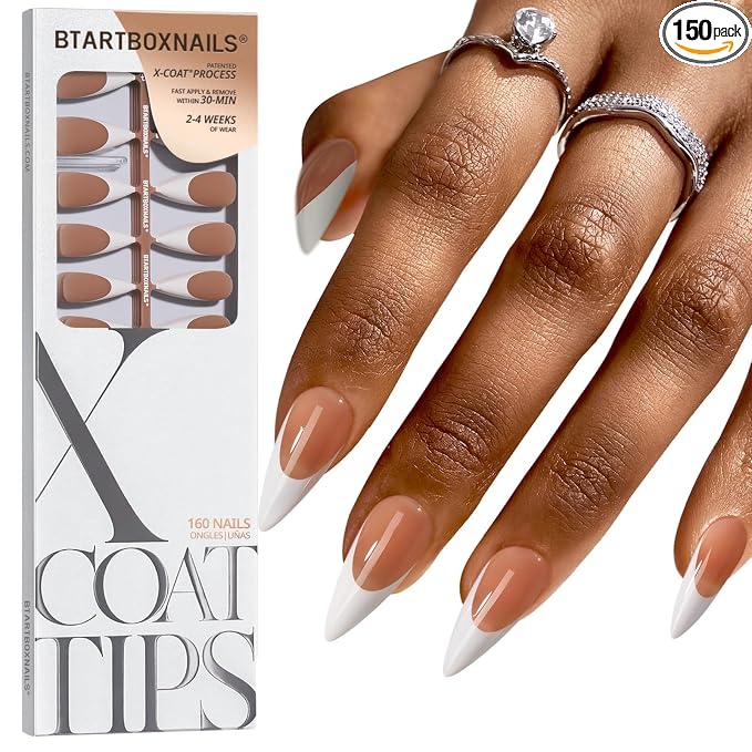 BTArtboxnails XCOATTIPS White French Tip Press On Nails, L Stiletto, Brown | Lamp-Curable, 4-Week Wear, Natural Nail Look, Salon Quality Value at Home, Easy-to-Apply for Beginners, 160ct Nail Tips Only