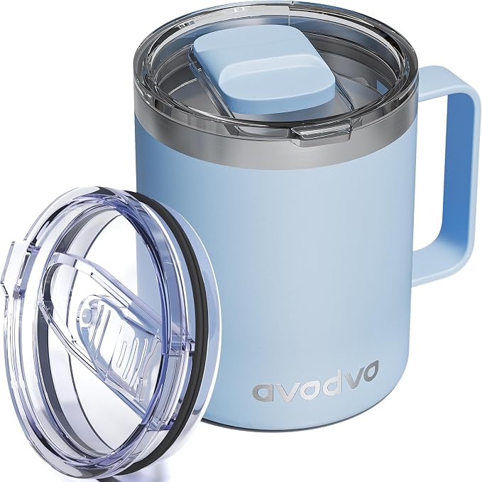 12oz Insulated Coffee Mug with Lid – Includes Two Lids, Stainless Steel Coffee Travel Mug with Handle, Double Wall Vacuum Insulated Camping Mug for Home, Office & Outdoor, Light Blue