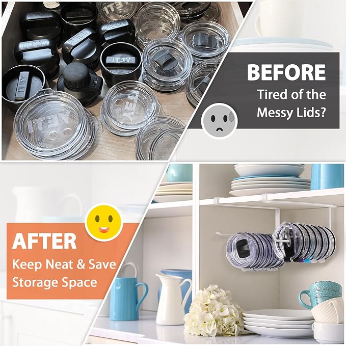 2 Pack Tumbler Lid Organizer, Versatile Storage Holds 20 Lids, Round&Flat | Space Saving Cup Lid Organizers Inside Cabinet Tumbler Lid Hook for Pantry Kitchen Organizer, Paper Towel Rack Hanger, White