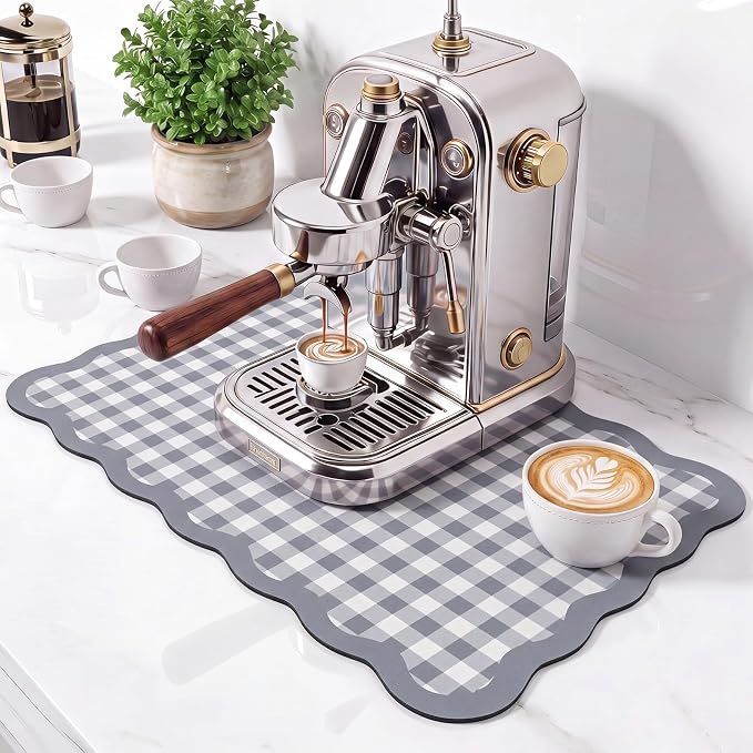 Gray Scalloped Gingham Coffee Mat 12" x 20" Absorbent Bar Mat | Gingham Espresso Matt with Non Slip Rubber Backing for Coffee Countertops