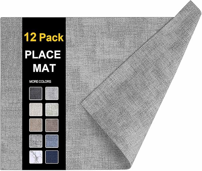 Faux Leather Heat Resistant Placemats 12 Packs, Waterproof Wipeable Dining PU Place Mats for Indoor & Outdoor, Easy to Clean, Light Grey