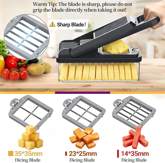 15-in-1 Vegetable Chopper 10 Blades, Veggie Cutter with Handle, Grey | Stainless Steel Blades, Food Container and Lid, Dicer, Slicer, Julienne, Egg Separator, Non-slip Base, Include Cleaning Tools