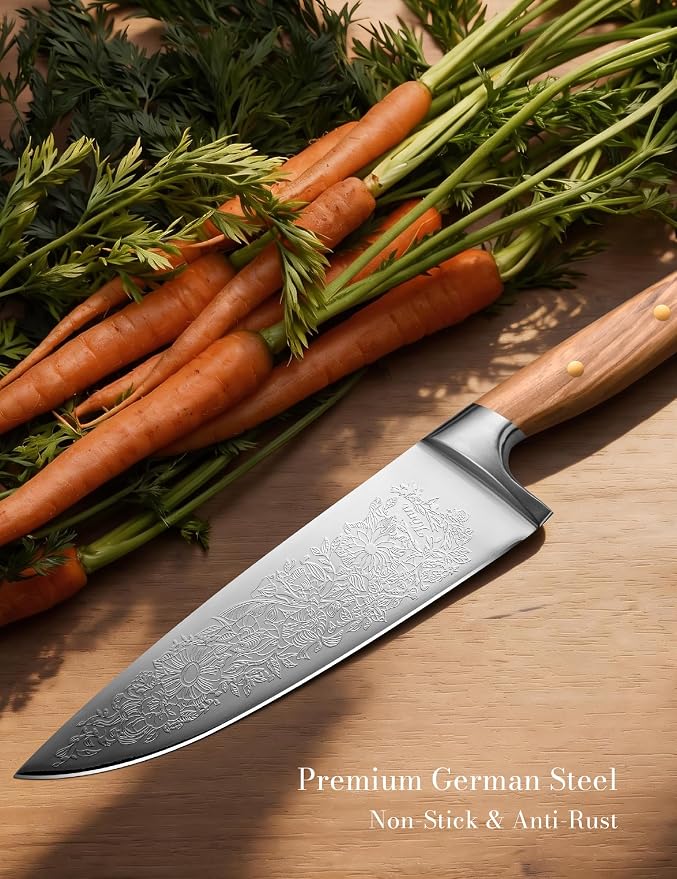 Chef Kitchen Knife 8", Embossed Botanical Blade, Olive Wood Handle | Created in collaboration with a German designer. Includes leather sheath and gift box for elegant presentation