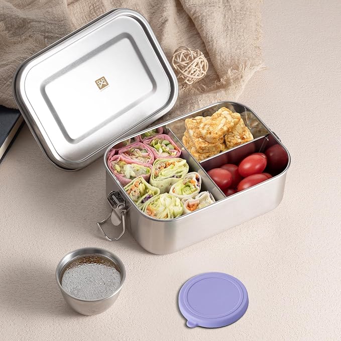 GOLDEN KEY 27oz Stainless Steel Lunch Box for Kids,Small Capacity Stainless Steel Lunch Box with Leakproof Condiment Container,3 Compartment Snack Containers,Freezer & Dishwasher Safe (Purple)