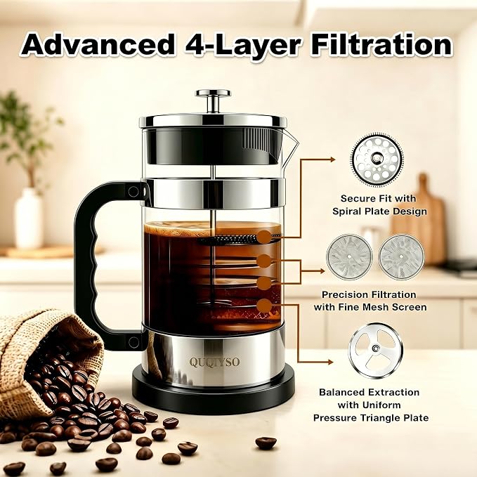 QUQIYSO French Press Coffee Maker 34oz, Thickened Glass Coffee French Press | Stainless Steel Coffee Press, 4 Filter Easy to Clean, Cold Brew Coffee Maker, Suitable for Kitchen Party Gifts(Silver)