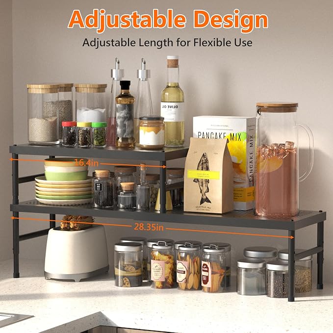 2 Pack Expandable adjustable stackable kitchen cabinet organizer,spice rack | Counter Shelf for Cabinets,Small Cupboard Organizers,Heavy Duty Metal Pantry Storage Shelves Racks for kitchen,bathroom