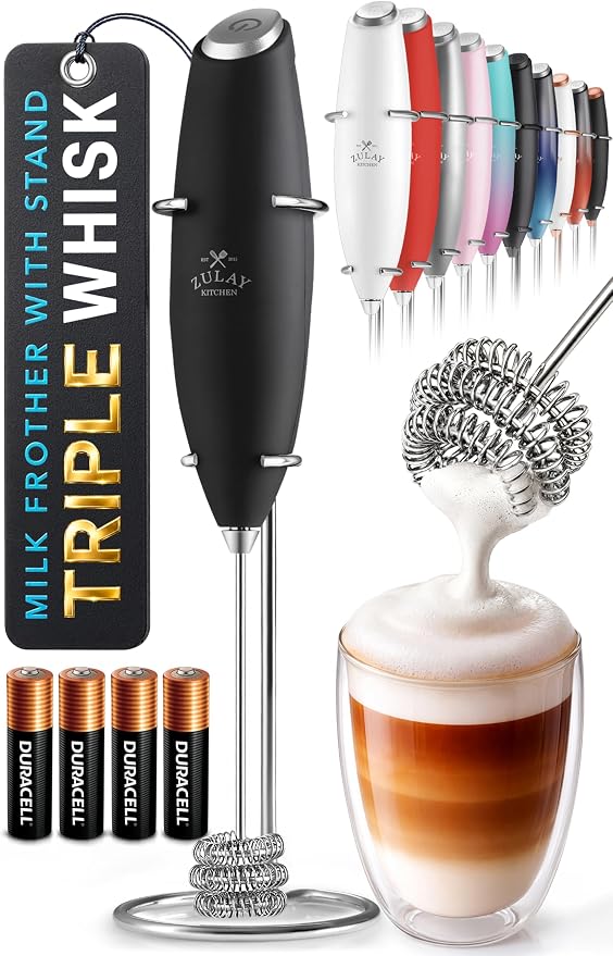 Zulay Kitchen Powerful Milk Frother Wand With Duracell Batteries - Ultra Fast Handheld Drink Mixer - Electric Whisk Foam Maker for Coffee, Lattes, Cappuccino & Matcha - Triple Whisk - Quartz Obsidian