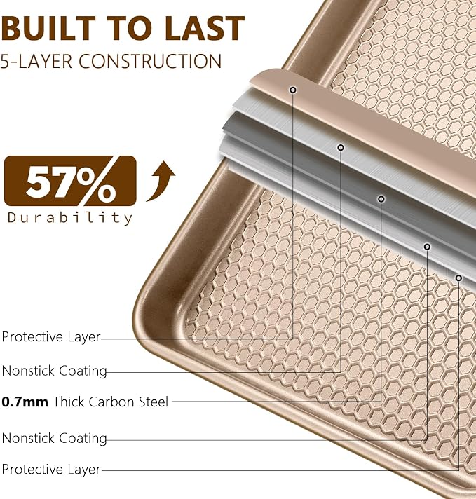 Wildone Baking Sheet Pan Set of 2, Honeycomb Embossed Nonstick Cookie Sheet | Thicker Carbon Steel Half Sheet Pan Oven Tray 17.5x12 Inch, Heavy Duty & Easy Clean, Champagne Gold