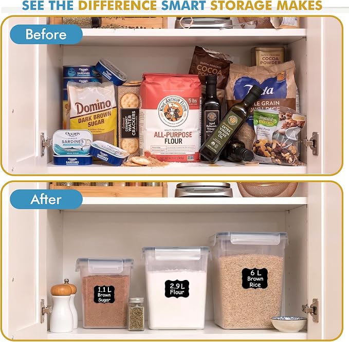 Shazo Flour Sugar Storage Containers Set of 3 (6L, 2.9L, 1.1L) Large Airtight Food Storage Containers with Lids, BPA-Free Plastic Container for Kitchen & Pantry Organizers, Cereal, Rice & Pasta