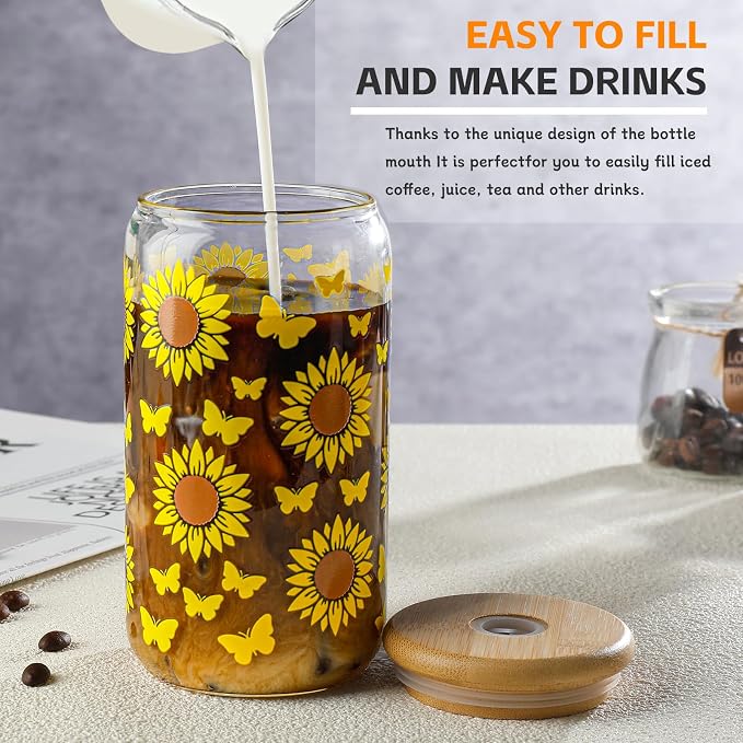 DWTS DANWEITESI Glass Cups with Lids and Straws with Design Sunflower 4 pcs,Clear Glass Cups 16 oz-Drinking Glasses Set,Glass Tumbler,Cute Design Glass Iced Coffee Cups with Lids and Straws 480ml