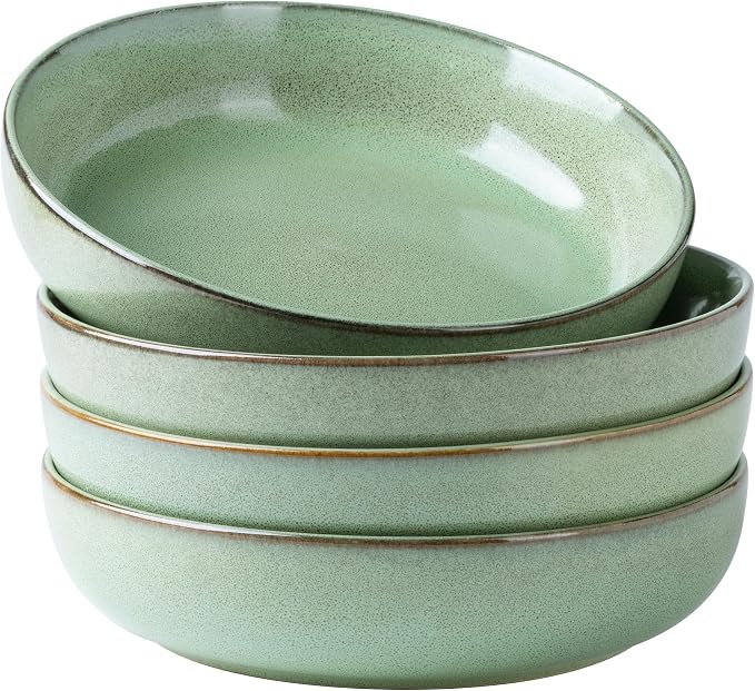 GBhome 8.75'' Large Ceramic Pasta Bowls, 38oz Stoneware Pasta Serving Bowls Set of 4 for Kitchen, Wide Bowls for Fruit,Pasta,Salad,Oatmeal,Meal, Microwave Safe, Reactive Glaze-Pastel Green