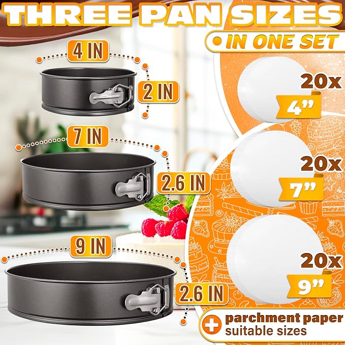 BURIUS Springform Pan Set of 3, 4 7 9 Inch Nonstick Round Cheesecake Pans | Leak-Resistant Sides and Removable Bottoms Release Cheesecakes Cleanly - Easy-Open Latch, Plus 60 Parchment Liners Included