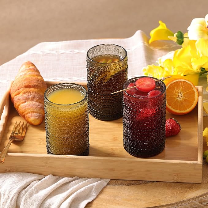 Moretoes 15oz Gray Hobnail Drinking Glasses Set of 6 | Vintage Highball Glass Cups, Kitchen Drinkware Glassware for Beer,Cocktail,Whiskey,Juice and Various Mixed Drinks