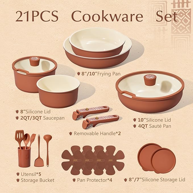 CAROTE 21pcs Ceramic Cookware Set, Pots and Pans Set with Detachable Handle | Non-Stick, Non-Toxic, PFAS&PFOA Free, Induction Compatible, Dishwasher & Oven Safe, Space Saving, Camping Cooking, Terracotta