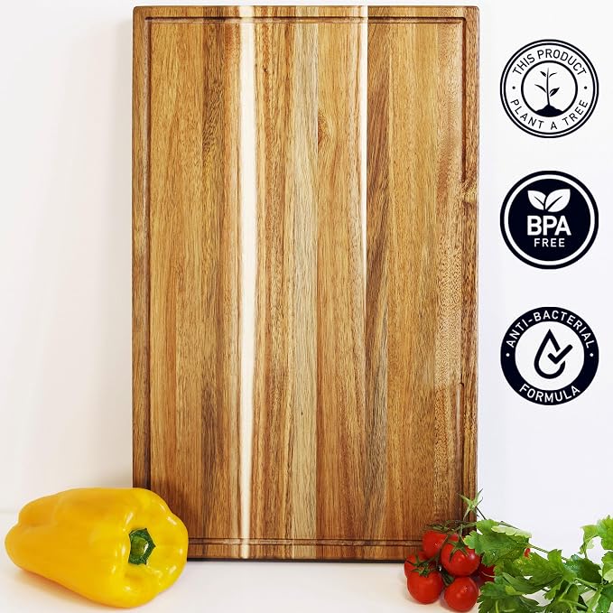 Acacia Wood Cutting Board for Kitchen, Thick Non Toxic Butcher Block | Hard Wood Edge Grain With Juice Groove 20" x 12.2" (Thick 1.7") Professional Heavy Duty Wooden Chopping Board (Oil Included)