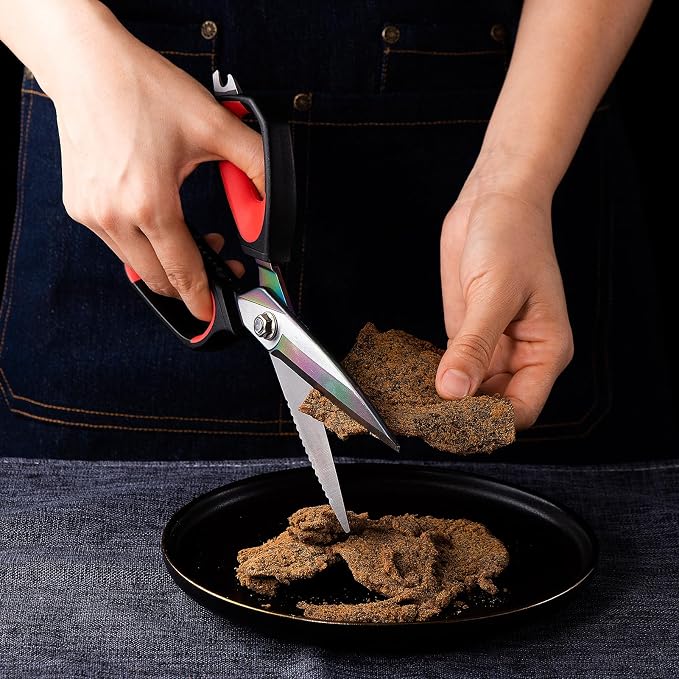 LIVINGO 9.5" Titanium Coated Kitchen Shears Heavy Duty Stainless Steel | Ultra Sharp Multipurpose Food Scissors with Durable Titanium Blade for Cutting Chicken, Meat, Vegetables and Cooking Tasks