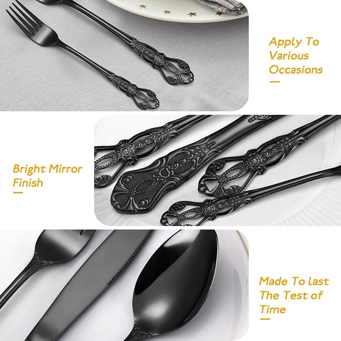 48 Pieces Black Gorgeous Retro Royal Silverware Set with Steak Knives For 8,Stainless Steel Fine Vintage Service Flatware Set Anti-rust Dark Unique Utensil Fork Spoon Knife, Dishwasher Safe