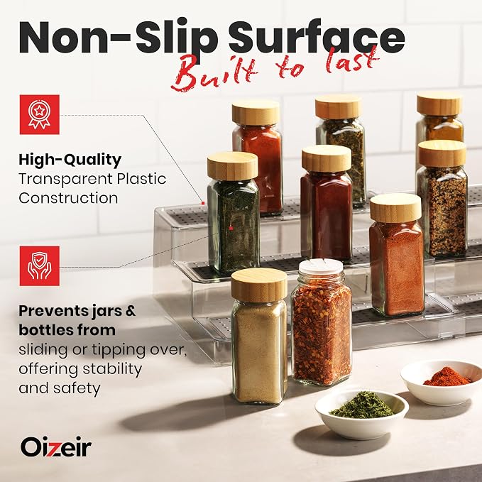 Oizeir 3-Tier Expandable Spice Rack Organizer for Cabinet, Clear | Expandable Plastic Spice Rack Organizer, Adjustable Length 3 Tiers, Non-Skid Shelf, Cabinet Pantry Countertop, Clear