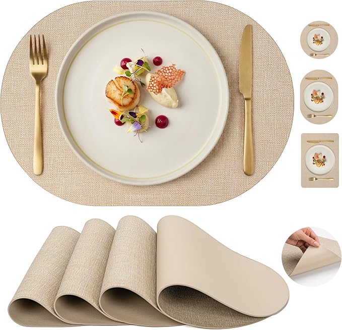 Faux Leather Placemats Set of 4, Wipeable Waterproof Stain Resistant Table Mats, Heat Resistant Thick Placemats with Hand-Painted Edges for Kitchen Dining, Imitative Linen Texture, Various Shapes