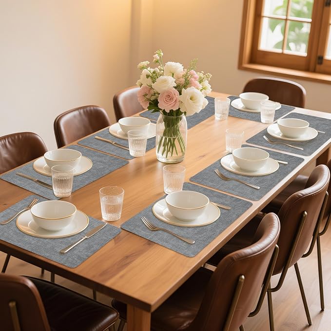Maxpearl Faux Leather Placemats Set of 8, Easy to Clean, Light Grey | Waterproof - Heat Resistant - Non Slip - Wipe Clean Dining Table Place Mats, Suitable for Indoor & Outdoor Use, 17''×12''
