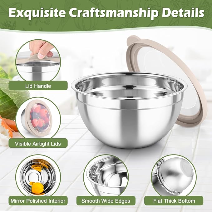TeamFar Mixing Bowls, 3PCS Stainless Steel Serving Salad Bowls | with Lids & 3 Graters for Kitchen Mixing/Baking/Storing/Prepping, Visible & Airtight, Easy Clean - 4.5/3/1.5 QT, Khaki