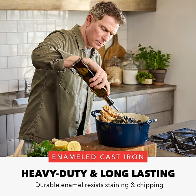 GreenPan x Bobby Flay 5.5QT Enameled Cast Iron Dutch Oven With Lid, Navy | Casserole Pot for Braising, Stews, Bread Baking & Searing, Self-Basting Lid, Induction Ready, Oven Safe To 500