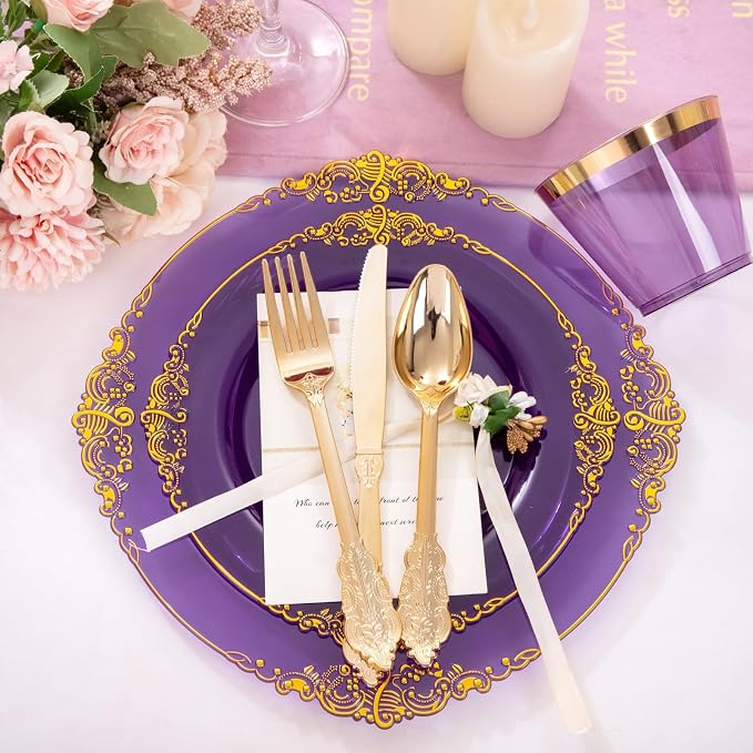Nervure 175Pcs Purple Plastic Plates, Plastic Dinnerware Set for 25 Guests | 25 7.5" Dessert & 25 10.25" Dinner Plastic Plate, 75 Silverware, 25 Cups, 25 Napkin for Wedding & Party, BPA-free, Heavy-duty