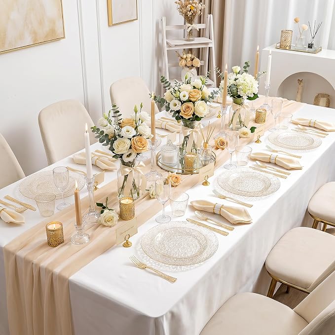 Rubtlamp 700Pcs Gold Glitter Plastic Dinnerware Set, Hammered Clear Plates, Fancy Plastic Plates Include 100 Dinner Platos, 100 Salad Platos, 100 Cups,100 Pack Pre Rolled Glitter plastic Silverware