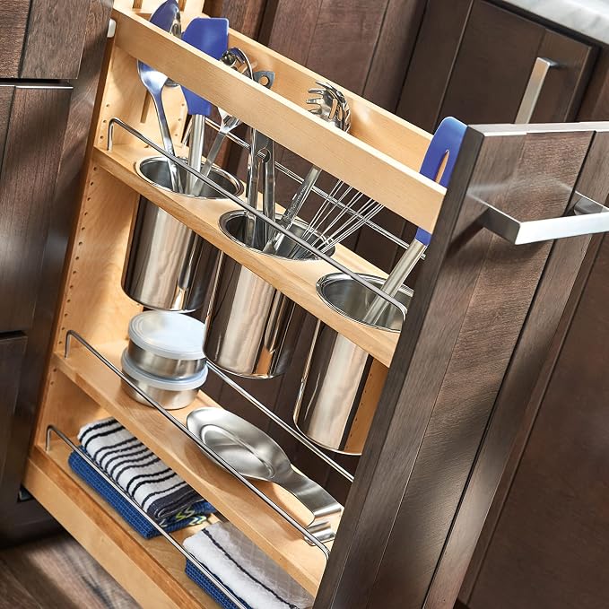 Rev-A-Shelf Pullout Organizer w/Soft-Close, Min Cabinet Opening 5.5" W | 5" W Slide Out Pantry Spice or Utensil Storage Rack w/BLUM Soft-Close & Adjustable Shelves for Base Cabinet, 448UT-BCSC-5C