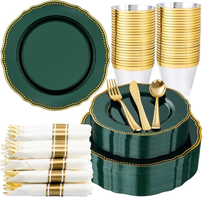 175 Pcs Green Gold Plastic Plates Wedding & Party | Gold Plastic Dinnerware Set Includes 25 Dinner Plates, 25 Dessert Plates, 25 Gold Utensils, 25 Napkins
