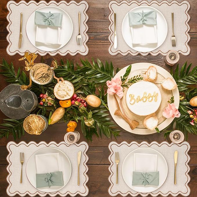 Whaline Beige Linen Placemats Embroidered Scalloped Kitchen Place Mats for Birthday Baby Shower Party Home Dining Table Decor, Set of 6, 13 x 19 in