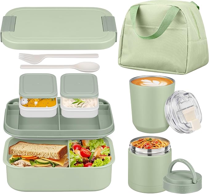 Large Bento Lunch Box Set for Adults Kids Women with 10.5oz Soup Thermo,Coffee Tumblers Men Girls Boys Teenagers Leak-Proof Lunch Food Containers with Lunch Bag