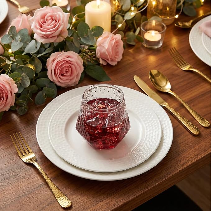 Ciaell 30 Pack Plastic Wine Glasses for Weddings Outdoor Gatherings | 14 oz Diamond Hammered Rim Stemless Wine Cups, Heavy Duty Plastic, Wine Whiskey Champagne Cocktails for Parties Bars
