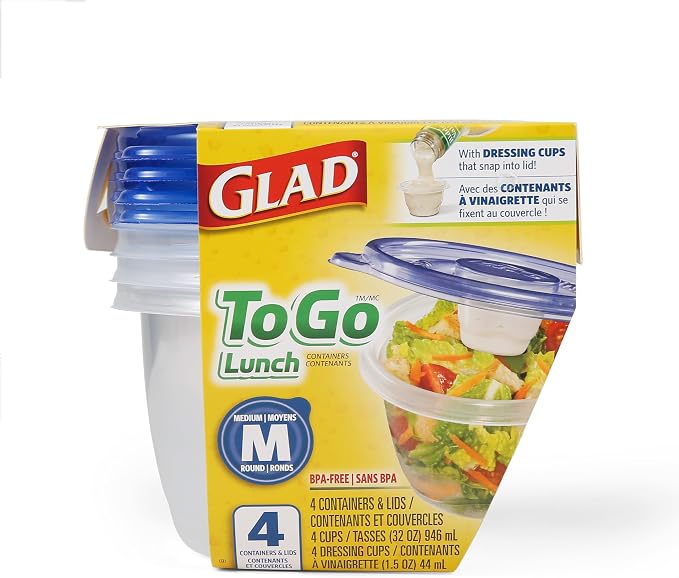Glad GladWare To Go Lunch Containers with Dressing Cup, 32 Oz, 4 Ct, 6-Pk | Built-in compartment keeps sauces separate, ideal for salads and packed lunches, freezer safe