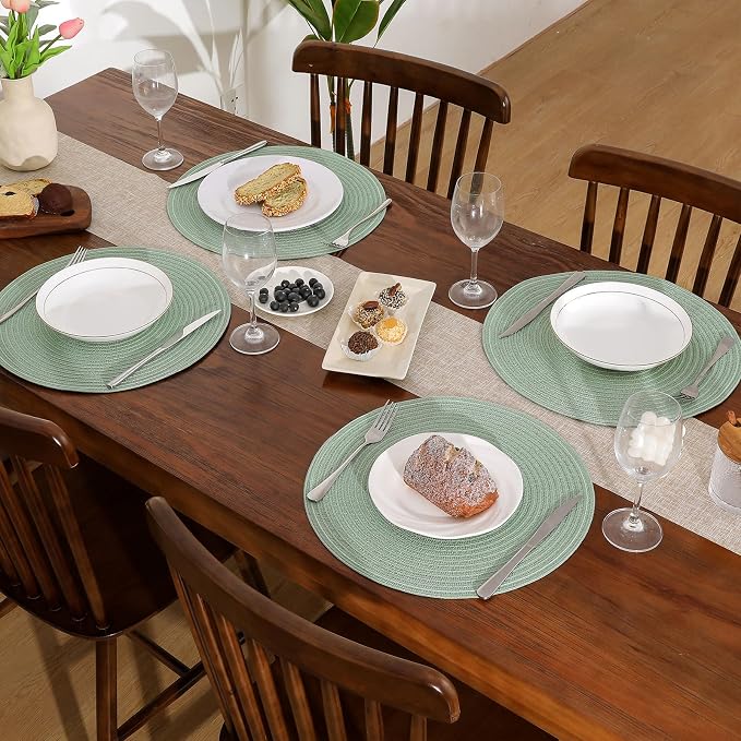 SHACOS Round Placemats Set of 4 Woven Braided Table Placemats 15 inch Cotton Polyester Place Mats Washable Table Mats Indoor Outdoor, Sage Green