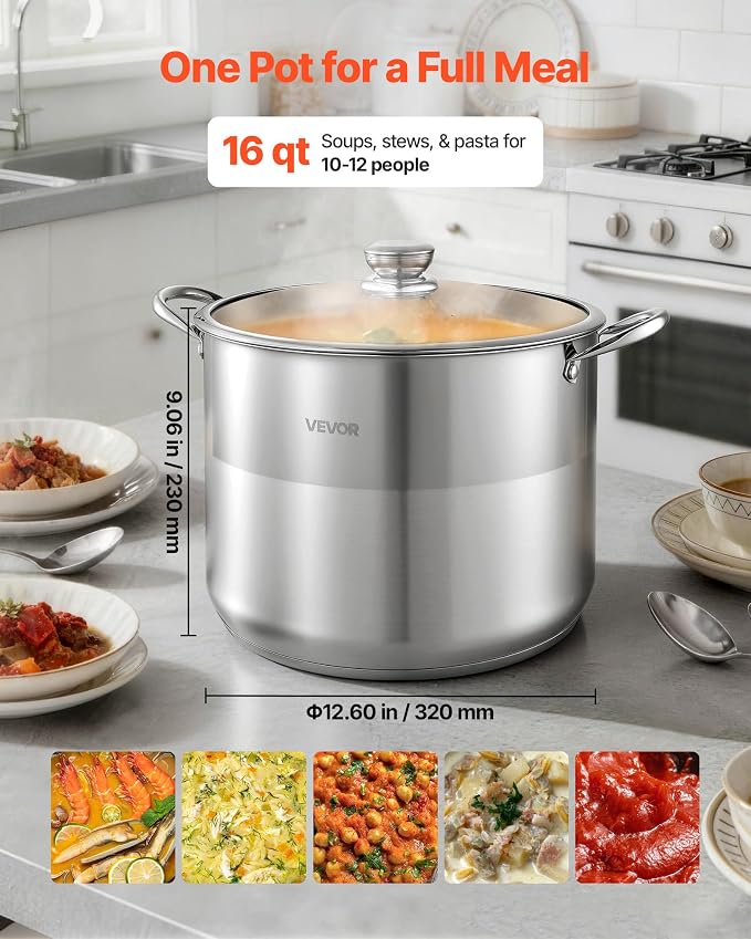 VEVOR Stainless Steel Stock Pot, 16QT Stainless Steel Stockpot with Glass Lid, PFOA-Free, PFAS-Free, Compatible with Gas Stoves, Induction Cooktops, Electric Stoves, for Soups, Stews, and Pasta