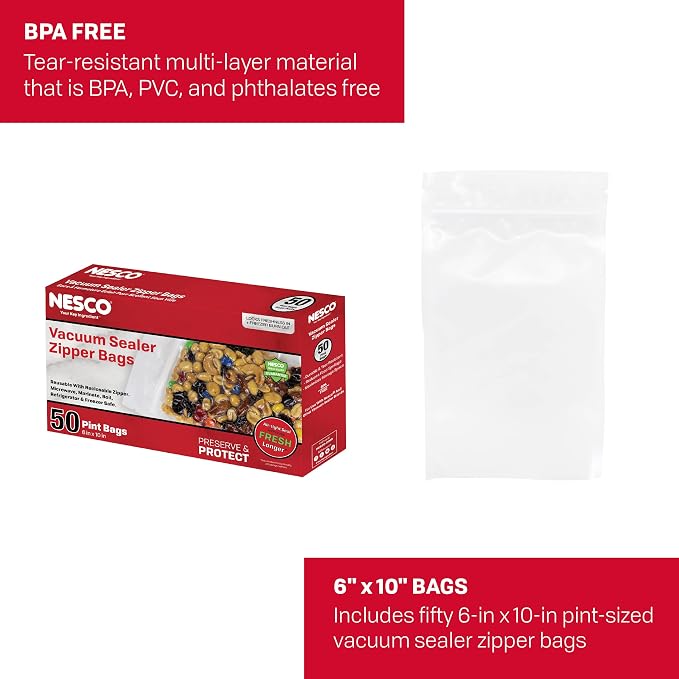 Nesco Vacuum Sealer Pint Zipper Bags - 50 count