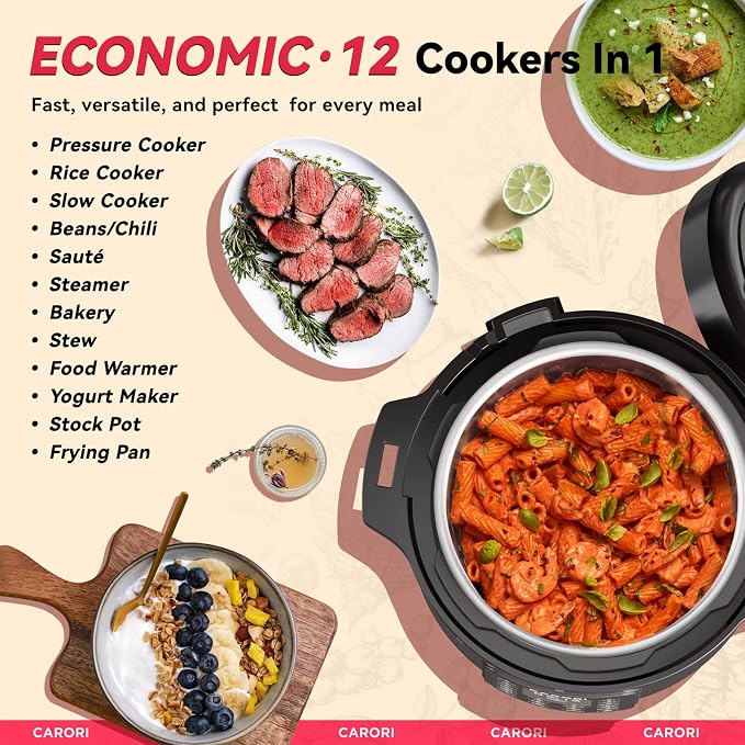 CARORI 1200W 12-in-1 Electric Pressure Cooker 8Qt, Stainless Steel Pressure Cooker, Slow Cook Rice Cooker Steamer Sauté, Yogurt Maker, Warmer & Sterilizer with Recipe, Safer Venting Design, Black