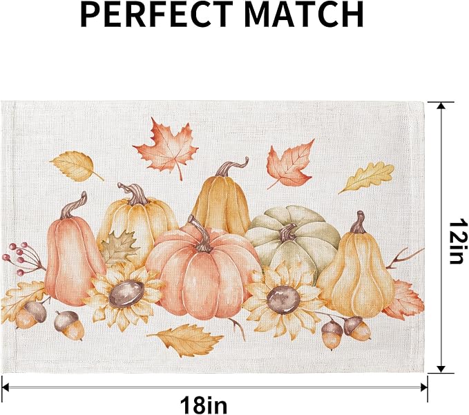 QIYI Table Placemats Set of 6, 12"x18" Linen Place Mats, Pumpkin Harvest | Boho Fabric Place Mats for Kitchen Dinning, Farmhouse Rustic Cloth Table Mats, Washable Placemat Party Table Décor