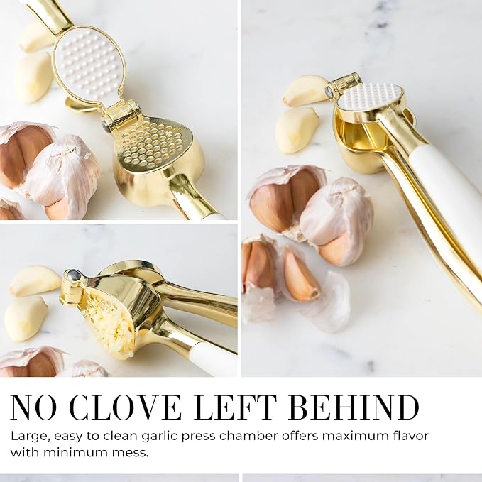 Styled Settings White & Gold Cooking Utensils Set, 8-Piece | Kitchen Utensils Set Includes Can Opener, Tongs and Garlic Press, White and Gold Kitchen Accessories for Kitchens