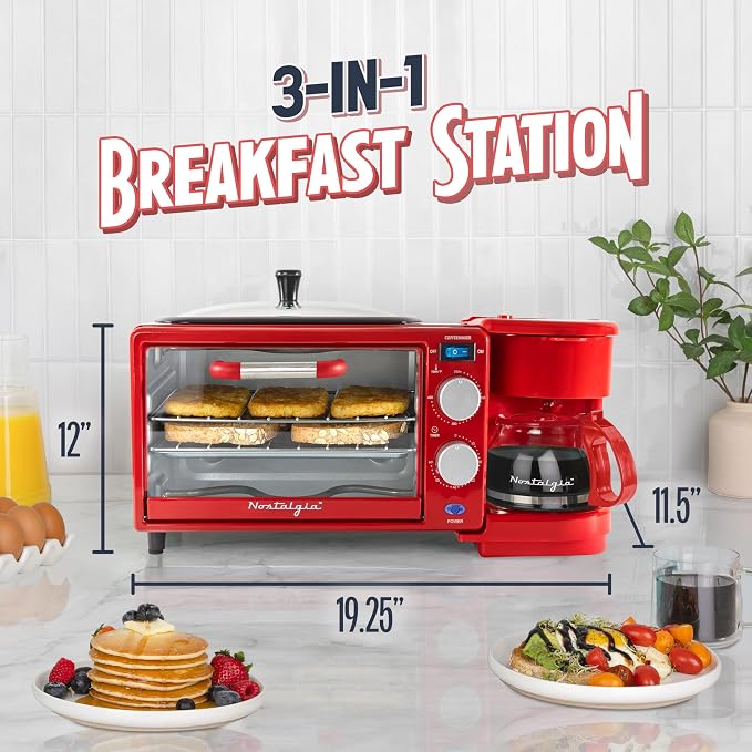 Nostalgia 3-in-1 Retro Breakfast Station - Includes 5 (4 Oz) Cup Coffee Maker, Non-Stick Ceramic Griddle, and 4-Slice Toaster Oven - Built-In Timer, Reusable Coffee Filter, Space-Saving Design - Red