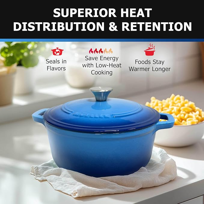 Mueller 6qt Enameled Cast Iron Dutch Oven, Heavy-Duty Casserole and Braiser Pan with Lid and Knob, Safe for All Cooktops, Aqua Blue | Casserole & Braiser Pan, Sourdough Bread Baking, PFOA-Free, Oven Safe to 500°F, All Cooktops incl. Induction, Aqua Blue