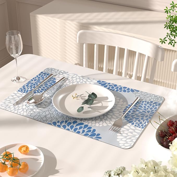 QIYI PU Leather Placemats Set of 6, 12"x18" Waterproof Table Mats, Dahlia | Faux Leather, Heat Resistant, Anti Slip, Wipeable Place Mats for Kitchen Dinning, Party Table Décor, Blue Floral Burst