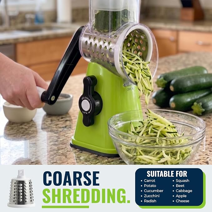 ICO Rotary Cheese Grater with Handle – Manual Vegetable Slicer & Round Shredder – 3 Interchangeable Stainless Steel Blades for Cheese, Nuts, Chocolate – Strong Suction Base Kitchen Mandoline