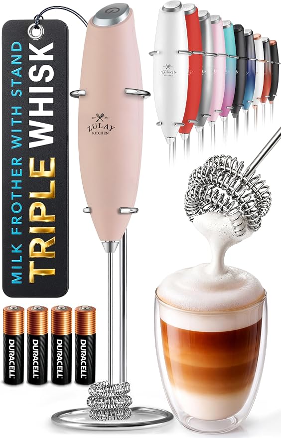 Zulay Kitchen Powerful Milk Frother Wand With Duracell Batteries - Ultra Fast Handheld Drink Mixer - Electric Whisk Foam Maker for Coffee, Lattes, Cappuccino & Matcha - Triple Whisk - Peach Pink