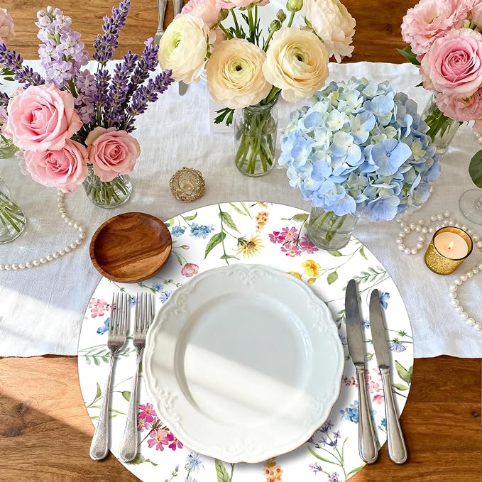 50 PCS Disposable Floral Paper Placemats Watercolor Wildflower Round Placemat Summer Table Mats for Wedding Anniversary Bride Party Supplies